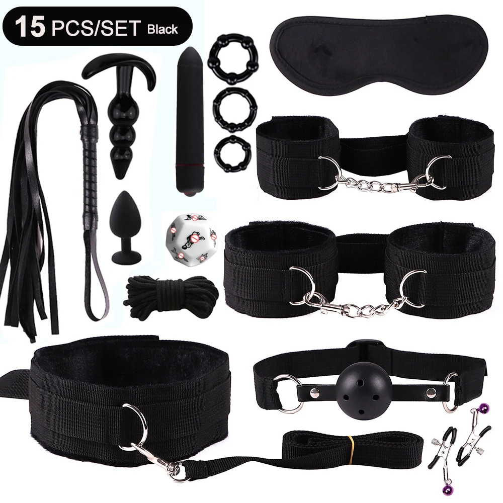 BDSM Bondage Set Fetish Slave Adult Game Hand Cuffs Ankle Cuffs Eye Patch Collars Mouth Gag Rope Whip Erotic Sex Toys For Couple