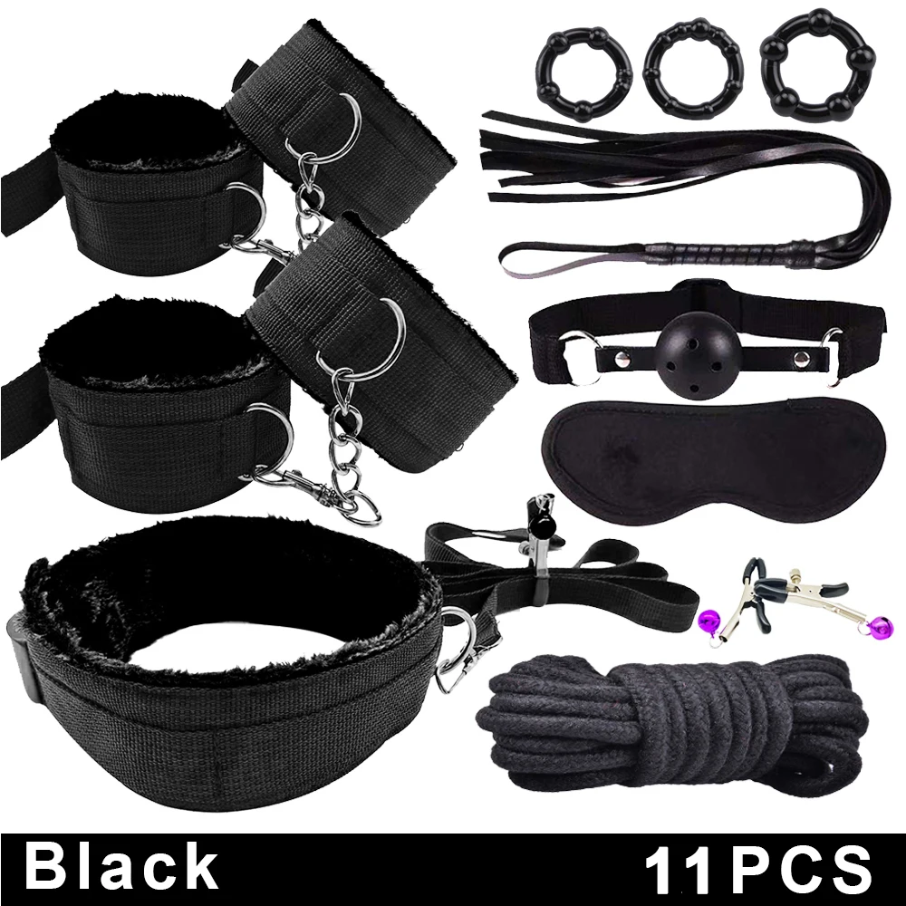BDSM Bondage Set Fetish Slave Adult Game Hand Cuffs Ankle Cuffs Eye Patch Collars Mouth Gag Rope Whip Erotic Sex Toys For Couple