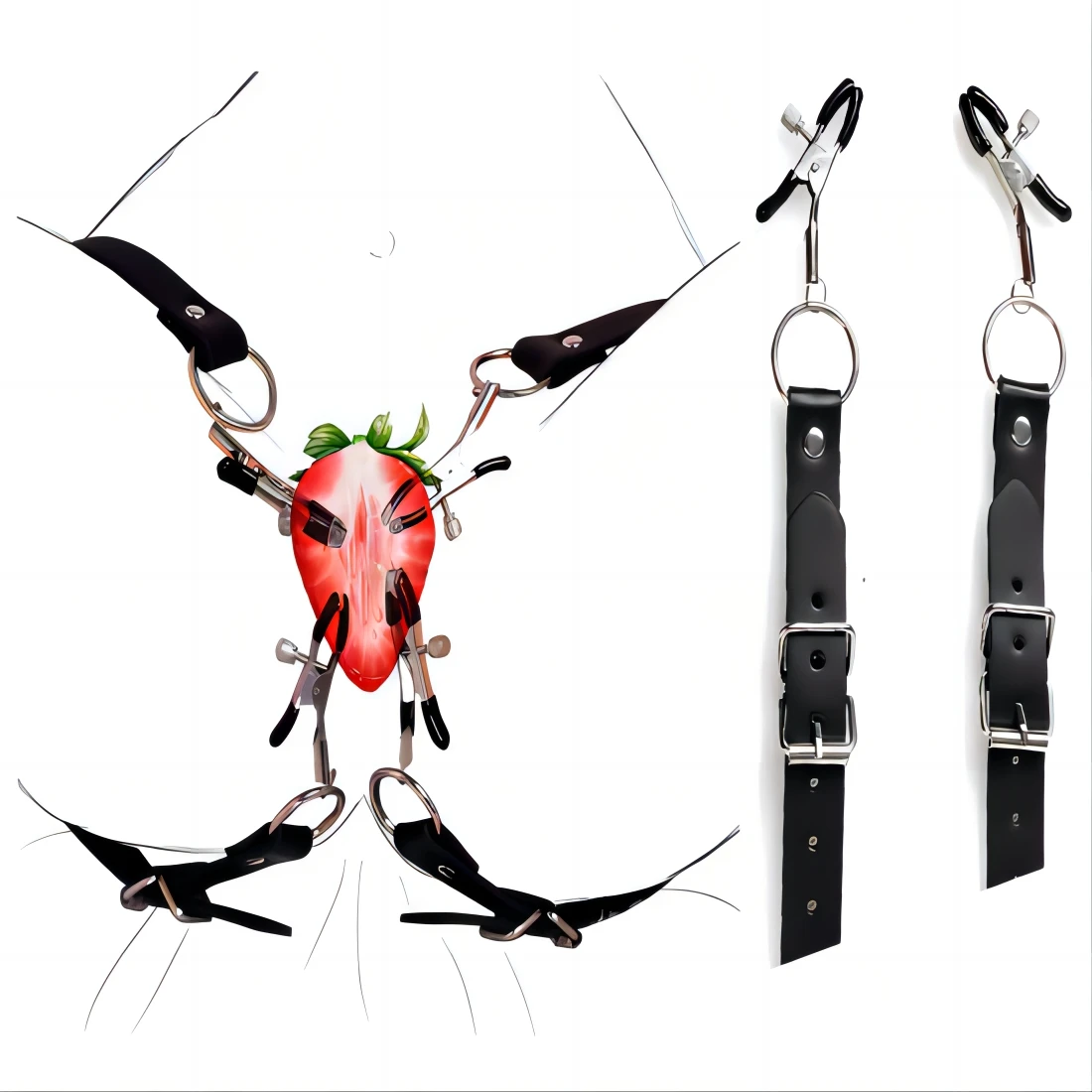 BDSM Bondage Restraint Wrap Around Thigh Spread Labia Spreader Straps With Vagina Clamps,Humiliation Play Nipple Clamps Roleplay