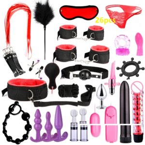 SexLove Set Kits Adults Sex Toys for Women Men Handcuffs Nipple Clamps Whip Spanking Sex Metal Anal Plug Vibrator Butt