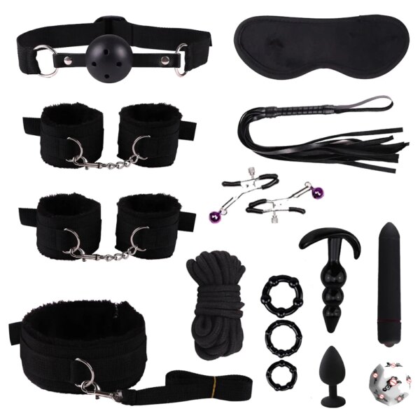 BDSM Bondage Erotic Toy Fetish Restraint Set Sex Toys For Women Handcuffs Whip Binding Anal Plug Vibrator Couple Sexy Tool 18