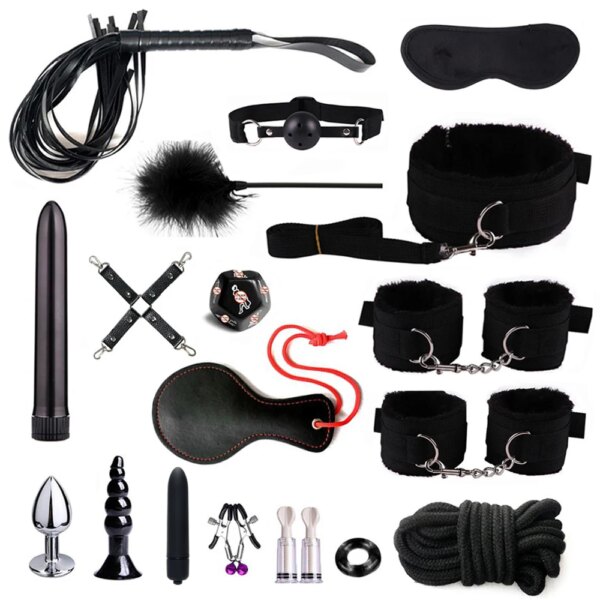 BDSM Bondage Erotic Toy Fetish Restraint Set Sex Toys For Women Handcuffs Whip Binding Anal Plug Vibrator Couple Sexy Tool 18