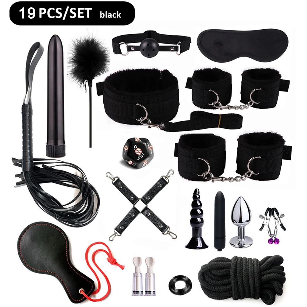 Fetish BDSM Bondage Erotic Toy Restraint Set Sex Toys For Women Handcuffs Whip Binding Anal Plug Vibrator Couple Sexy Tool 18