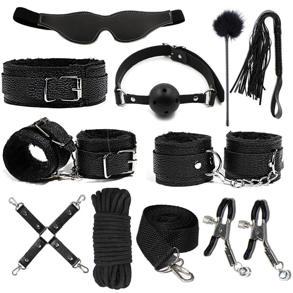 Sex Toys Kits for couples PU Sex Bondage Set Handcuffs Sex Games Whip Gag Shackles Collar Fluff Stick Nipple Clamp For Couples