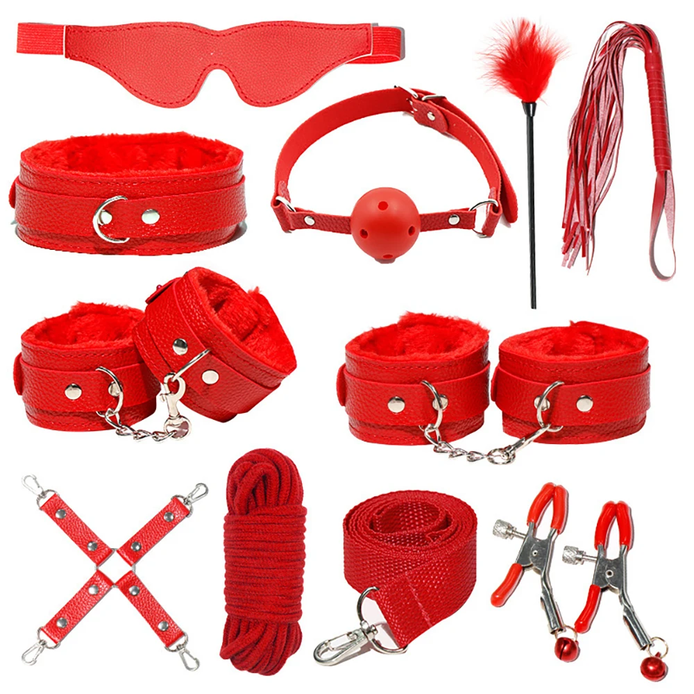 Sex Toys Kits for couples PU Sex Bondage Set Handcuffs Sex Games Whip Gag Shackles Collar Fluff Stick Nipple Clamp For Couples