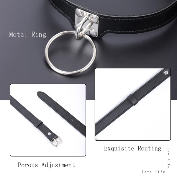 Leather Bondage Choker with Silver Metal Ring BDSM Restraint Collar Adjustable Necklace Adult Sex Toys for Women and Couples