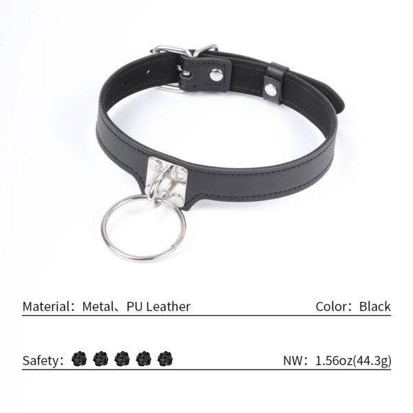Leather Bondage Choker with Silver Metal Ring BDSM Restraint Collar Adjustable Necklace Adult Sex Toys for Women and Couples