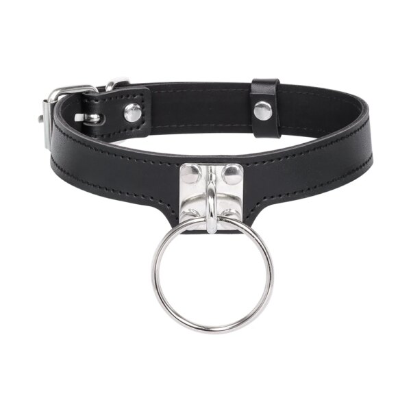 Leather Bondage Choker with Silver Metal Ring BDSM Restraint Collar Adjustable Necklace Adult Sex Toys for Women and Couples