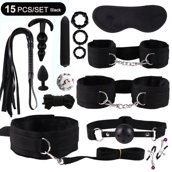 BDSM Sex Kits Adults Sex Toys For Women Men Handcuffs Nipple Clamps Whip Spanking Sex Metal Anal Plug Vibrator Butt Bdsm Bondage
