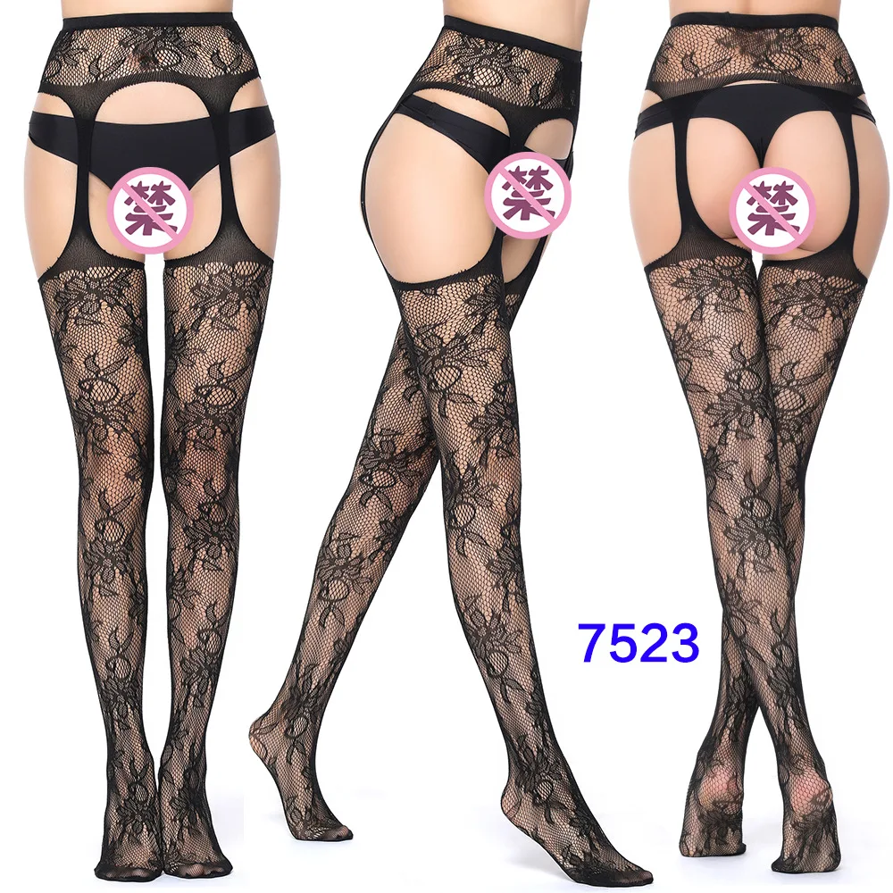 Women Black Stockings With Belt Set High Fishnet Tights Erotic Lingerie Sexy Pantyhose Floral Print Long Mesh Lace Stocking Women Black Stockings With Belt Set High Fishnet Tights Erotic Lingerie Sexy Pantyhose Floral Print Long Mesh Lace Stocking