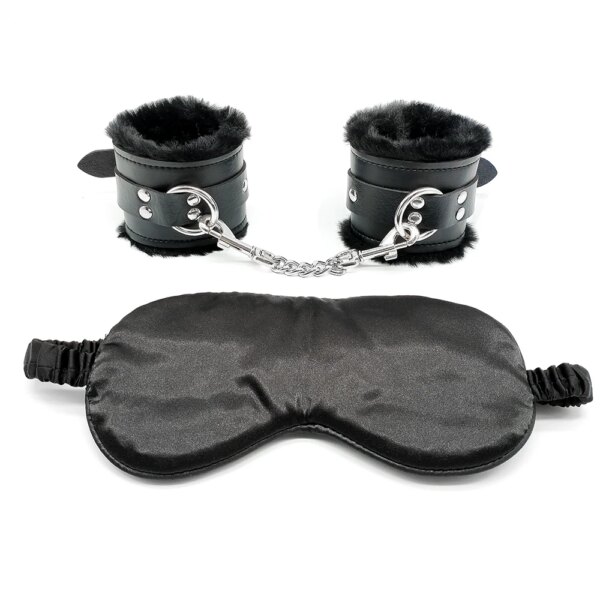 2PCS Plush Leather Handcuffs with Blindfold Kit Fuzzy Wrist Cuffs and Eye Mask Restraints for Adults Games Play