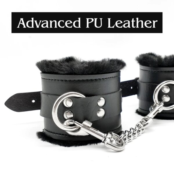 2PCS Plush Leather Handcuffs with Blindfold Kit Fuzzy Wrist Cuffs and Eye Mask Restraints for Adults Games Play