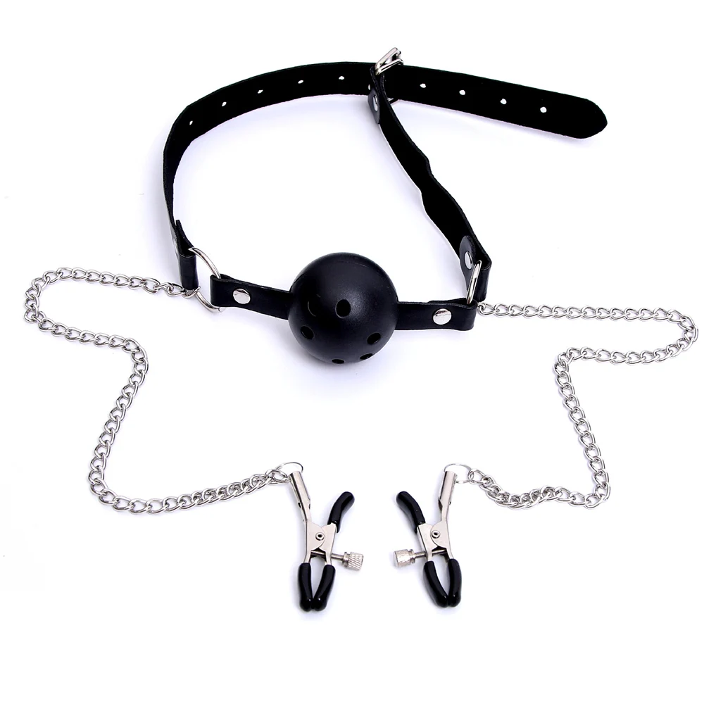 Erotic Toy PU Leather Mouth Gag Ball Oral Sex with Chain Clip Breast Nipple Clamps Fetish Bondage Harness Sex Toys Adult Games Erotic Toy PU Leather Mouth Gag Ball Oral Sex with Chain Clip Breast Nipple Clamps Fetish Bondage Harness Sex Toys Adult Games