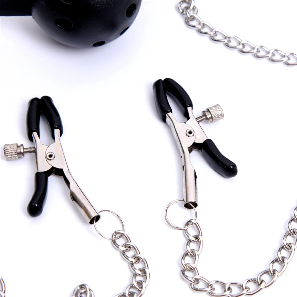 Erotic Toy PU Leather Mouth Gag Ball Oral Sex with Chain Clip Breast Nipple Clamps Fetish Bondage Harness Sex Toys Adult Games Erotic Toy PU Leather Mouth Gag Ball Oral Sex with Chain Clip Breast Nipple Clamps Fetish Bondage Harness Sex Toys Adult Games
