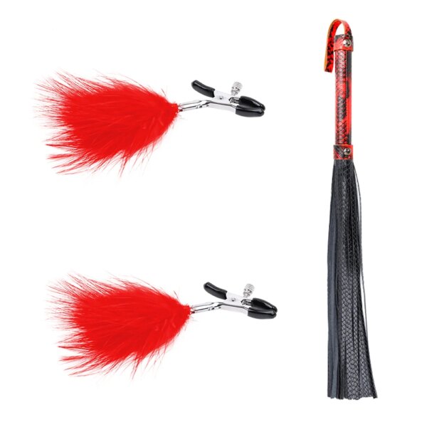 2pcs BDSM Restraint Set Include Leather Whip SM Reding Crop and Nipple Clamp Adult Sex Toys for Women and Couples Pleasure