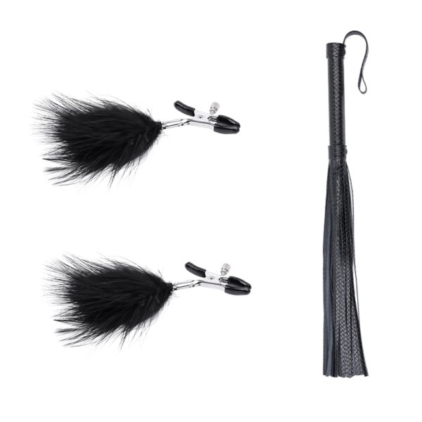 2pcs BDSM Restraint Set Include Leather Whip SM Reding Crop and Nipple Clamp Adult Sex Toys for Women and Couples Pleasure