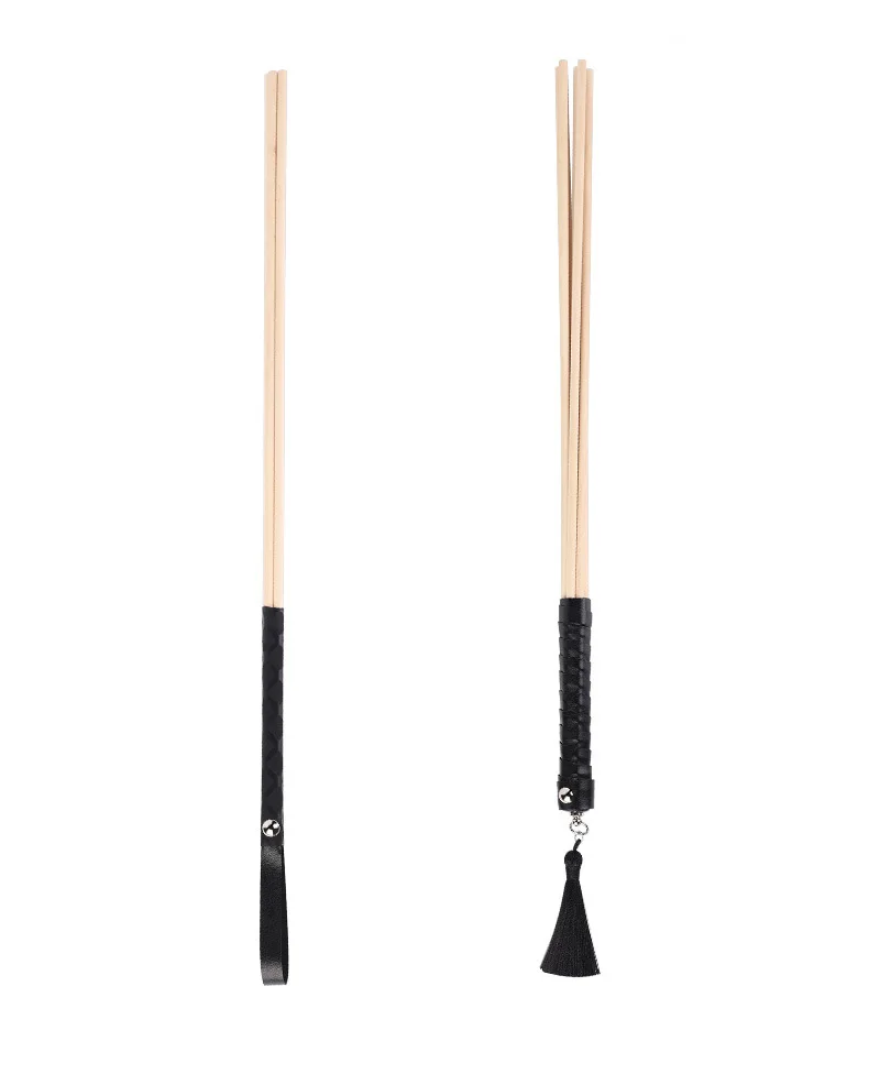 New Natural Rattan 50CM Long Straight Whip Riding Crop Flogger Black PU Leather Tassel Handle Paddle Horse Training Flirting Toy