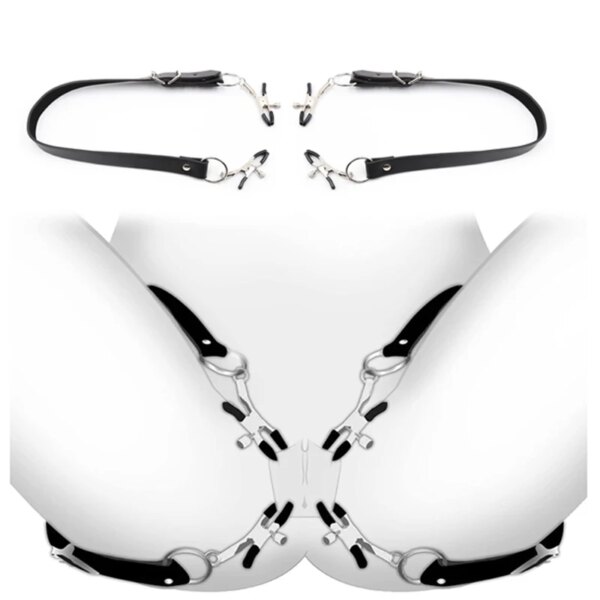 Black Leather Strap Harness Nipple Clamps Bdsm Slave Fetish Bondage Restraints Labia Clips Erotic Accessories Sextoys