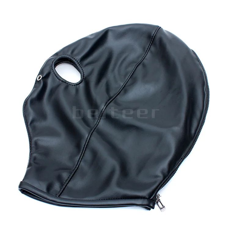 PU Leather Padded Strapped Zipper Head Hood Blindfold Harness Mask BDSM Open Mouth Eye Nose Bondage Headgear Sex Toy Adult Party
