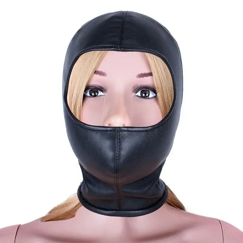 PU Leather Padded Strapped Zipper Head Hood Blindfold Harness Mask BDSM Open Mouth Eye Nose Bondage Headgear Sex Toy Adult Party