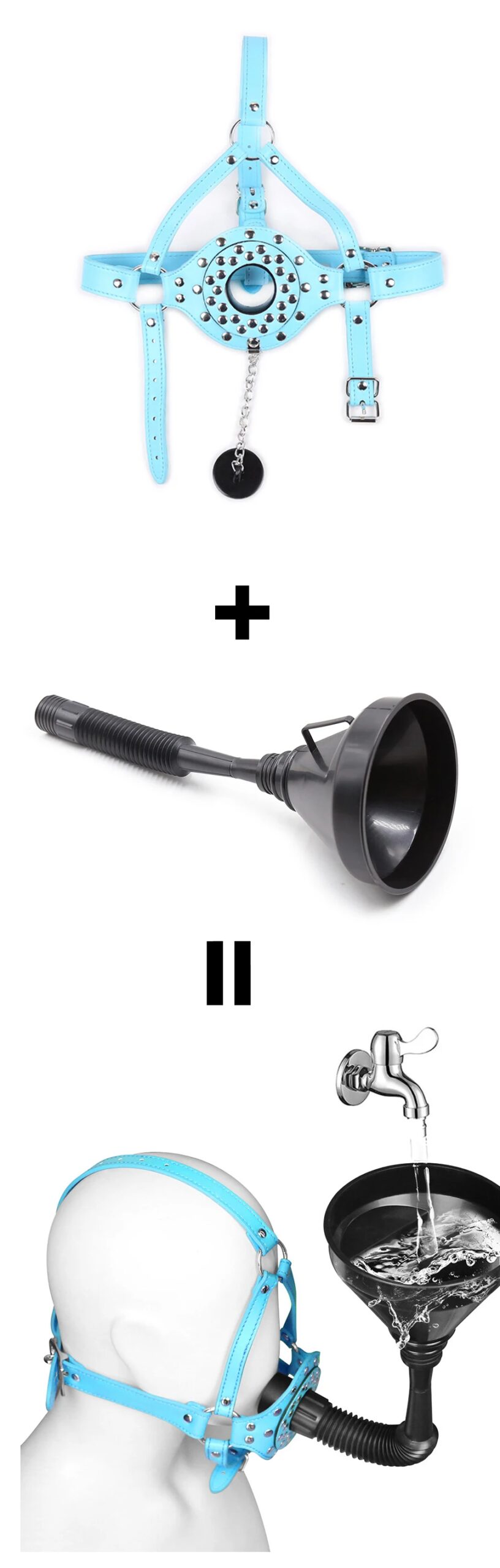 Fetish Slave Water Funnel More Nail Bondage Plug Mouth Kit Strap Cap Bondage Leather Mask Funnel Oral Enema Drool Plug Gag Head