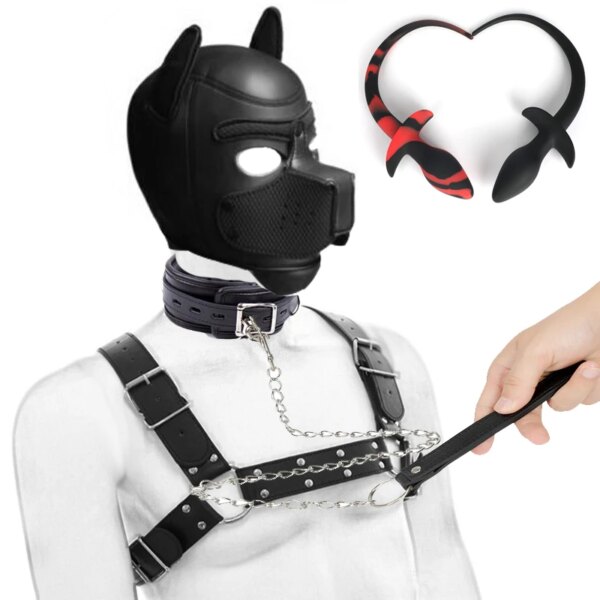 Bdsm Pet Roleplay Set, Dog Hood Mask Party Mask,Leather Male Chest Harness Strap,Dog Tail Plug,Pup Neck Collar Sex Toy