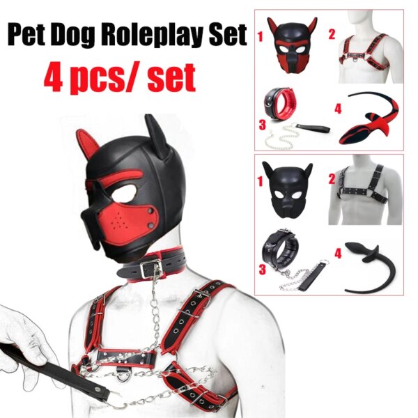 Bdsm Pet Roleplay Set, Dog Hood Mask Party Mask,Leather Male Chest Harness Strap,Dog Tail Plug,Pup Neck Collar Sex Toy
