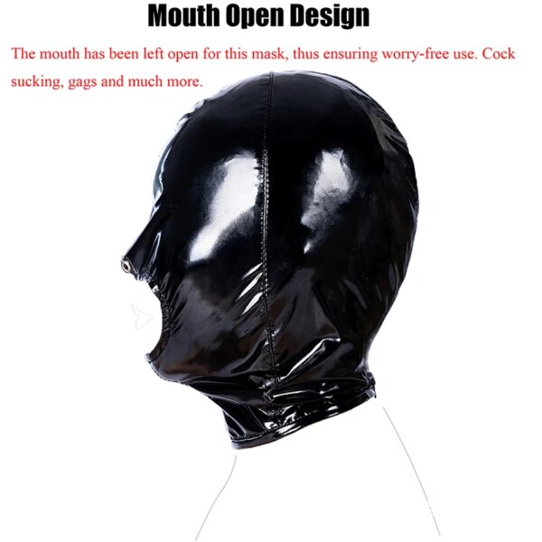 Leather Wetlook BDSM Mask Hood Gimp Open Mouth,Silicone Ball Gag,Bondage Gear Head Harness,Sex Toys For Couples