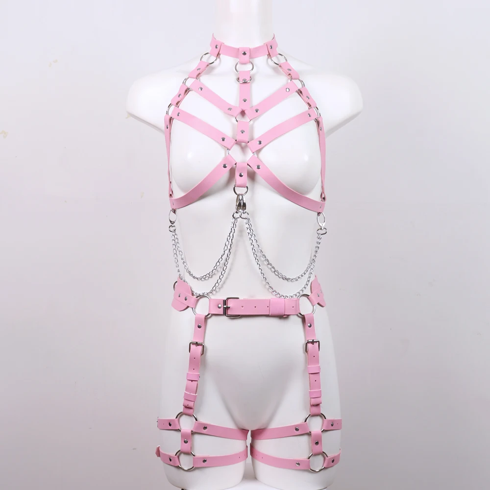 Sexy Lingerie Chain Body Harness Sexy Goth Accessories Maid Neck Bondage Garter Pink Women's Leather Suspenders Exotic Underwear