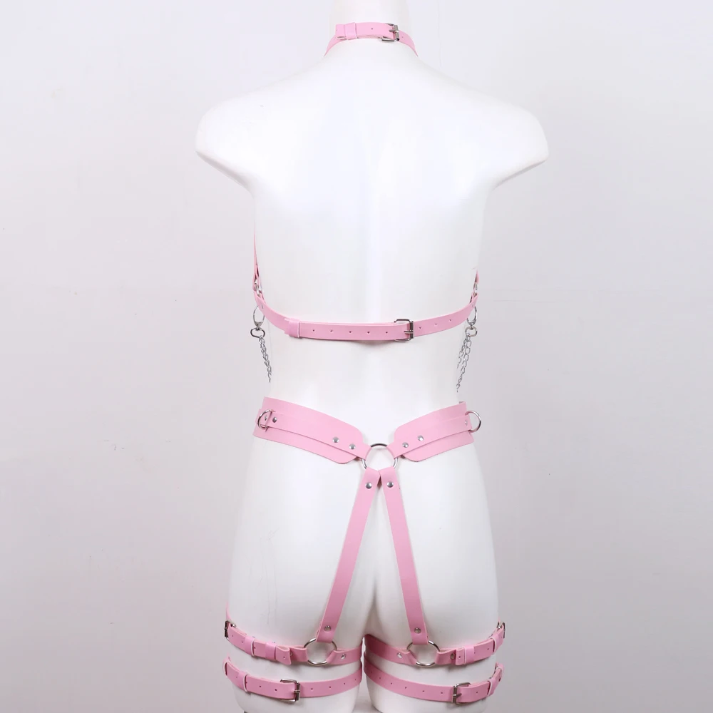 Sexy Lingerie Chain Body Harness Sexy Goth Accessories Maid Neck Bondage Garter Pink Women's Leather Suspenders Exotic Underwear