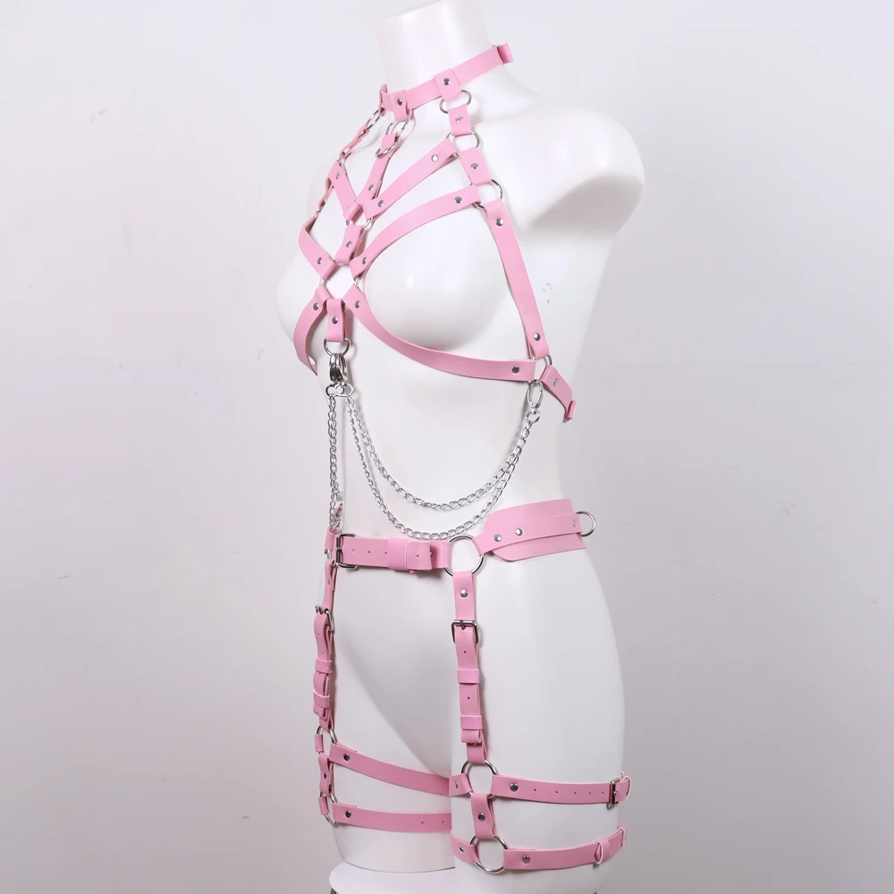 Sexy Lingerie Chain Body Harness Sexy Goth Accessories Maid Neck Bondage Garter Pink Women's Leather Suspenders Exotic Underwear