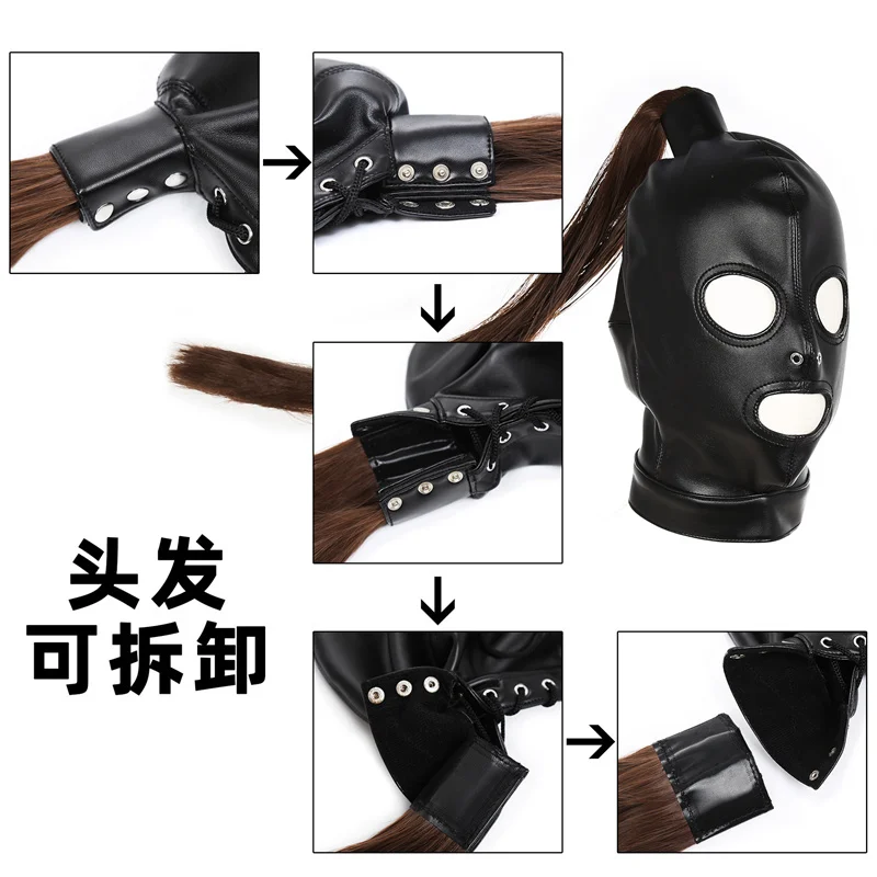 Role Play Steampunk Accessories of Unisex Leather Fetish Mask with Hair Ponytail Sexy Rave Festival Chest Belt Bondage Headgear Role Play Steampunk Accessories of Unisex Leather Fetish Mask with Hair Ponytail Sexy Rave Festival Chest Belt Bondage Headgear