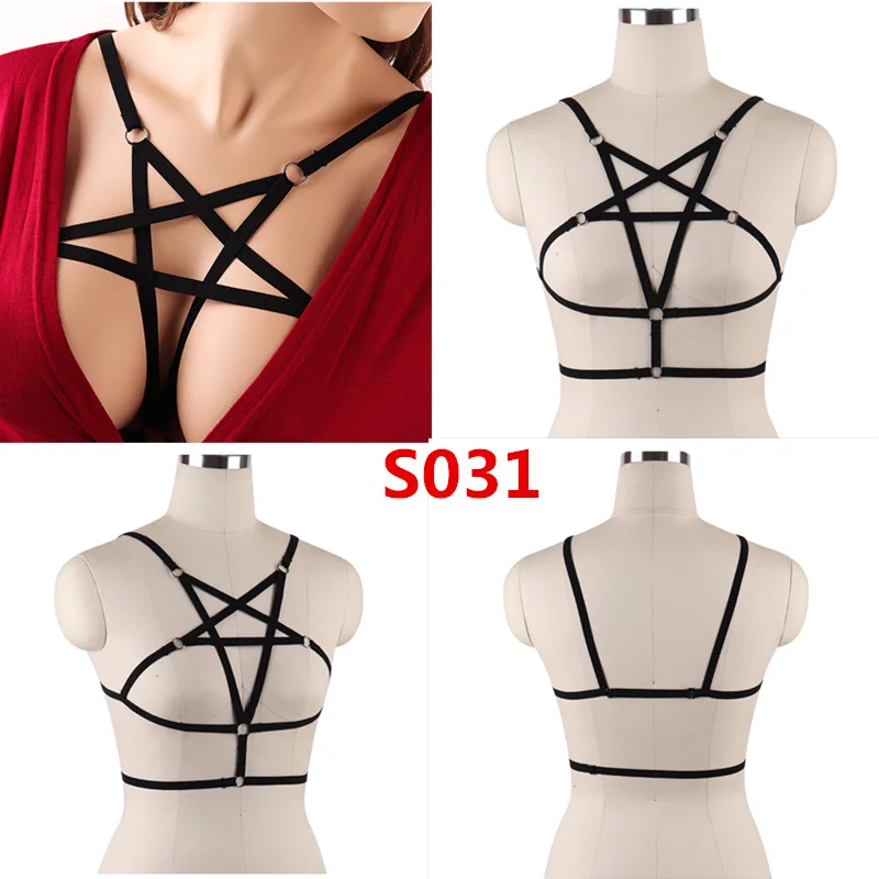 BONDAGE STRAPPY Body Harness Bra Pentagram Crop Top Lingerie Black Women Sexy Cage Belt Punk Elastic Dance Club Rave Bralette