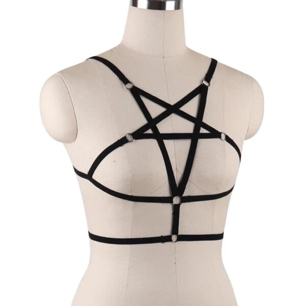 Body Harness Bra Pentagram Crop Top Lingerie Black Women Sexy Cage Belt Punk Elastic Dance Club Rave Bralette