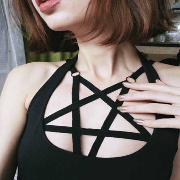 Body Harness Bra Pentagram Crop Top Lingerie Black Women Sexy Cage Belt Punk Elastic Dance Club Rave Bralette