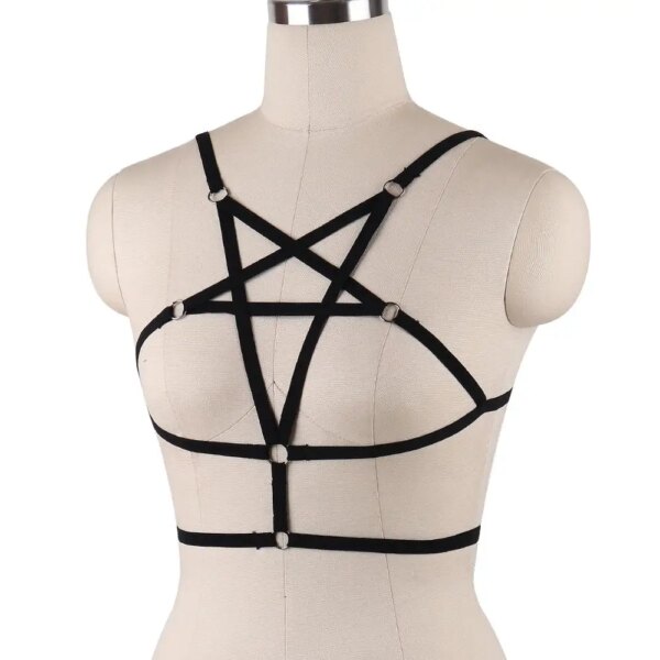 Body Harness Bra Pentagram Crop Top Lingerie Black Women Sexy Cage Belt Punk Elastic Dance Club Rave Bralette