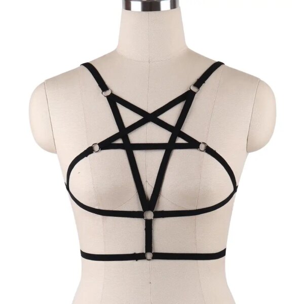 Body Harness Bra Pentagram Crop Top Lingerie Black Women Sexy Cage Belt Punk Elastic Dance Club Rave Bralette