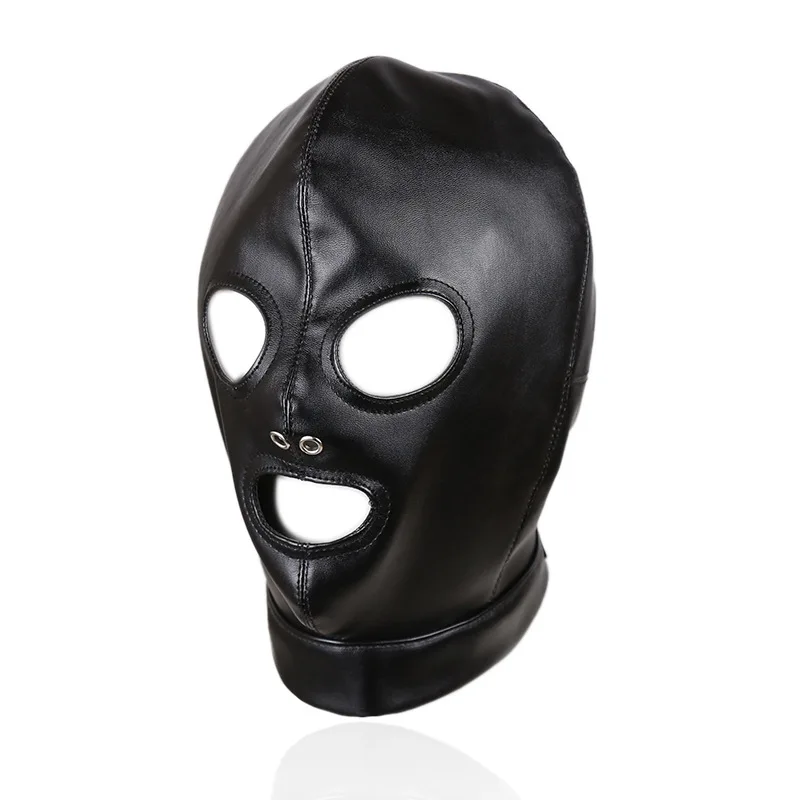 BDSM Sex Black Pu Leather Head Bondage Hood Mask Open Eye Mouth with Erotic Couple Flirting Toys Adjustable Mask Cosplay Harness