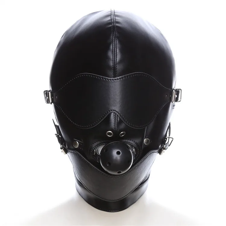 BDSM Sex Black Pu Leather Head Bondage Hood Mask Open Eye Mouth with Erotic Couple Flirting Toys Adjustable Mask Cosplay Harness