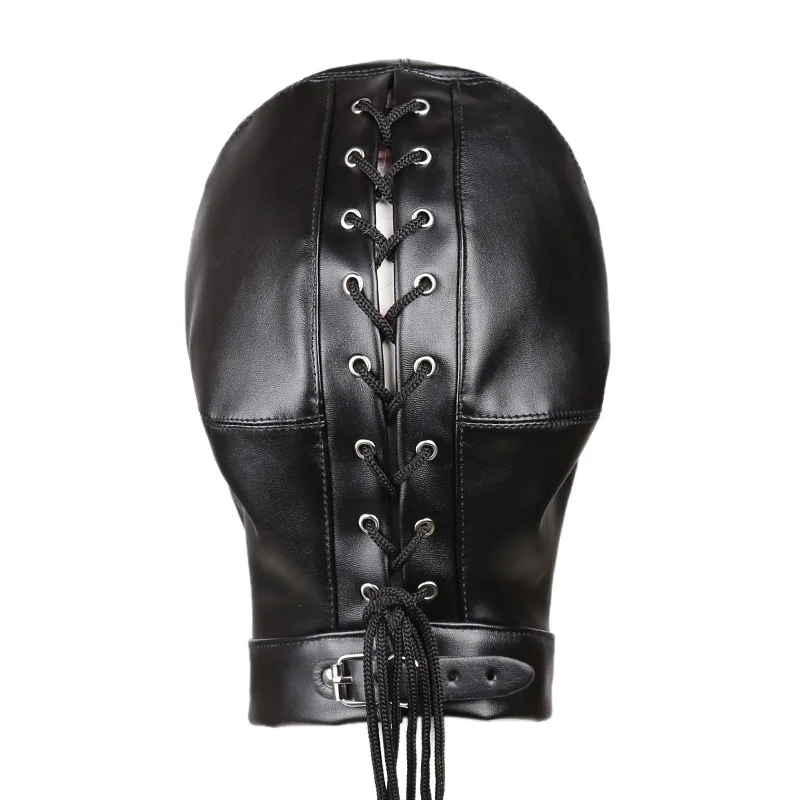 BDSM Sex Black Pu Leather Head Bondage Hood Mask Open Eye Mouth with Erotic Couple Flirting Toys Adjustable Mask Cosplay Harness