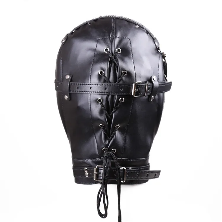 BDSM Sex Black Pu Leather Head Bondage Hood Mask Open Eye Mouth with Erotic Couple Flirting Toys Adjustable Mask Cosplay Harness