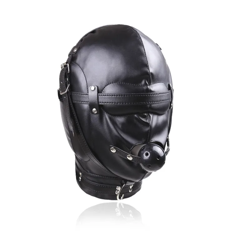 BDSM Sex Black Pu Leather Head Bondage Hood Mask Open Eye Mouth with Erotic Couple Flirting Toys Adjustable Mask Cosplay Harness