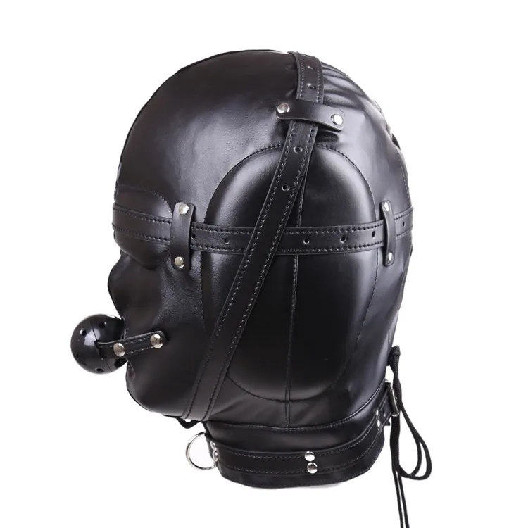 BDSM Sex Black Pu Leather Head Bondage Hood Mask Open Eye Mouth with Erotic Couple Flirting Toys Adjustable Mask Cosplay Harness