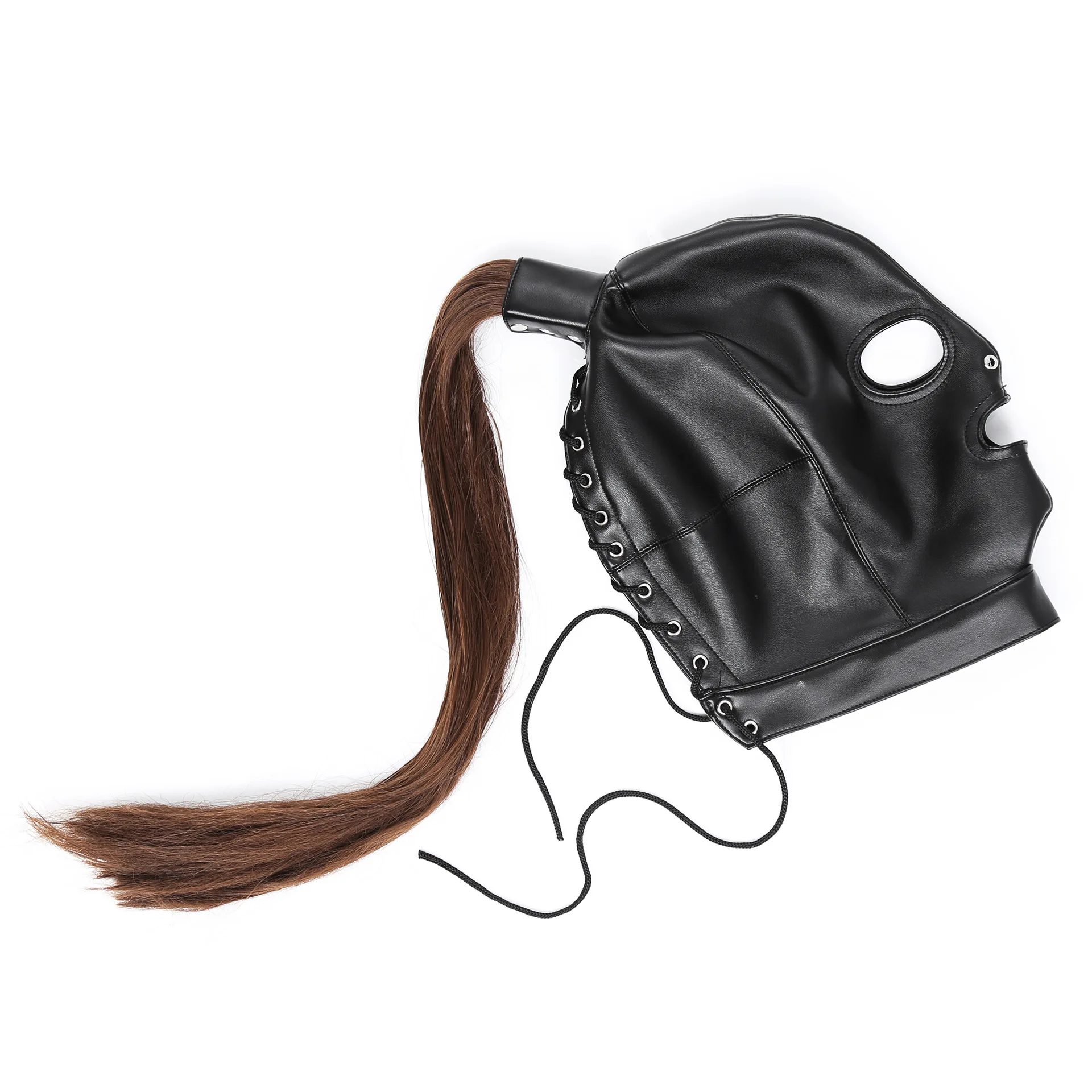 BDSM Sex Black Pu Leather Head Bondage Hood Mask Open Eye Mouth with Erotic Couple Flirting Toys Adjustable Mask Cosplay Harness
