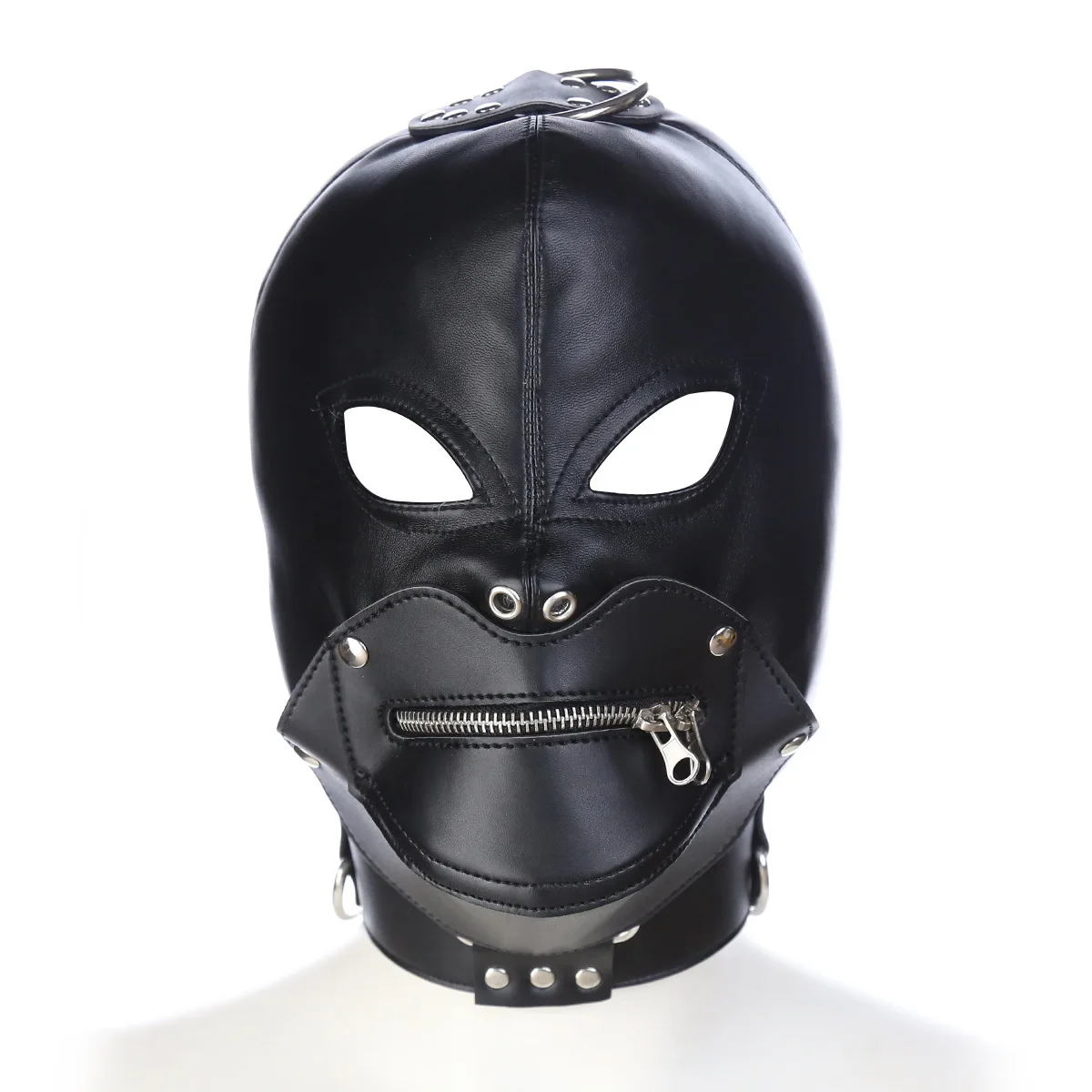 BDSM Sex Black Pu Leather Head Bondage Hood Mask Open Eye Mouth with Erotic Couple Flirting Toys Adjustable Mask Cosplay Harness