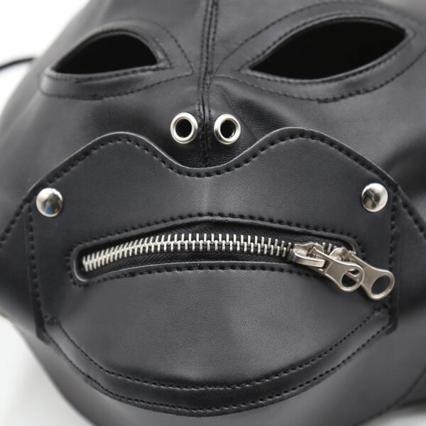 BDSM Sex Black Pu Leather Head Bondage Hood Mask Open Eye Mouth with Erotic Couple Flirting Toys Adjustable Mask Cosplay Harness