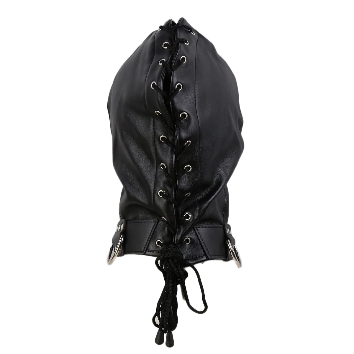 BDSM Sex Black Pu Leather Head Bondage Hood Mask Open Eye Mouth with Erotic Couple Flirting Toys Adjustable Mask Cosplay Harness