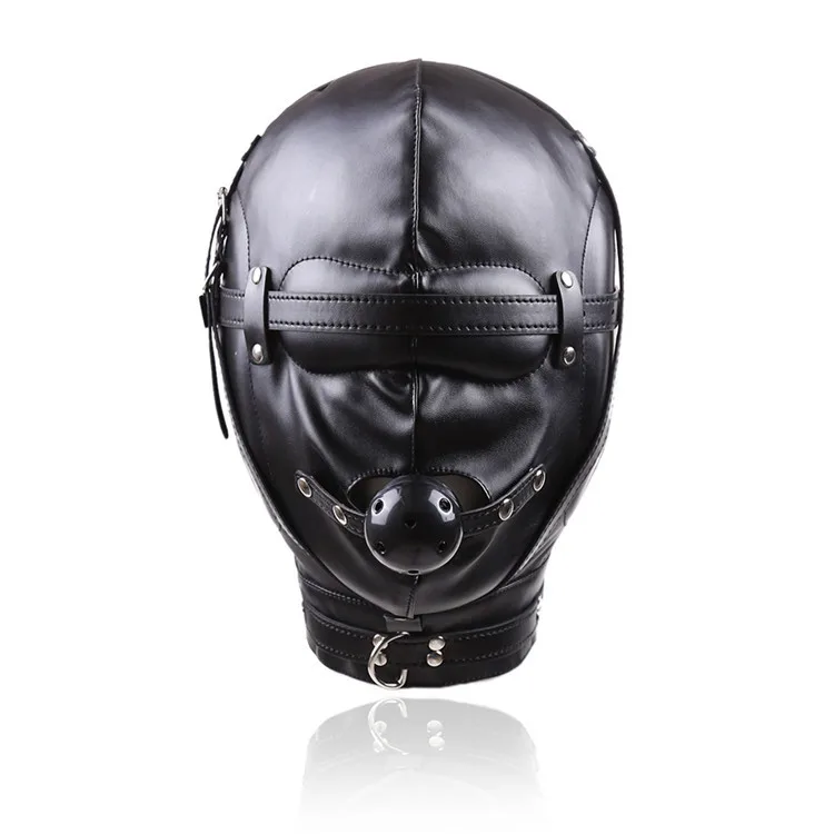 BDSM Sex Black Pu Leather Head Bondage Hood Mask Open Eye Mouth with Erotic Couple Flirting Toys Adjustable Mask Cosplay Harness