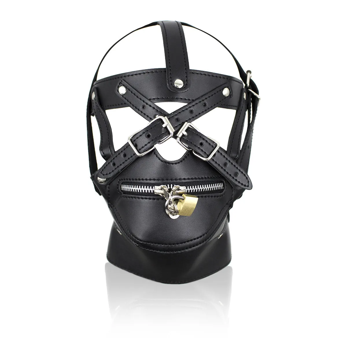 BDSM Sex Black Pu Leather Head Bondage Hood Mask Open Eye Mouth with Erotic Couple Flirting Toys Adjustable Mask Cosplay Harness