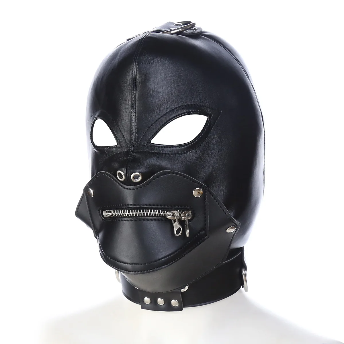 BDSM Sex Black Pu Leather Head Bondage Hood Mask Open Eye Mouth with Erotic Couple Flirting Toys Adjustable Mask Cosplay Harness
